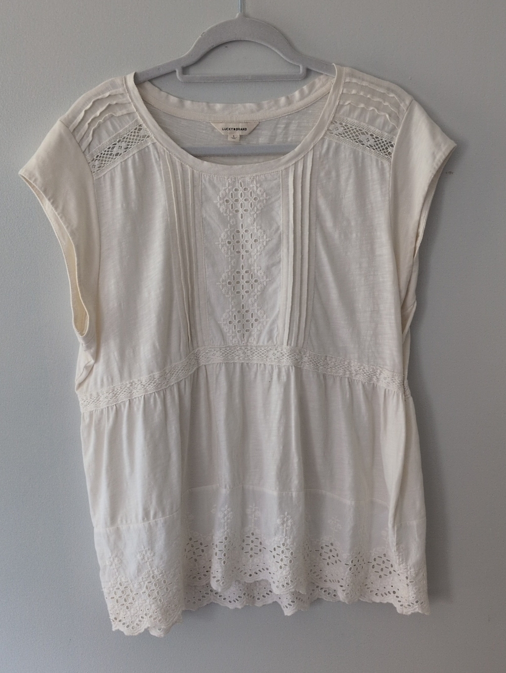 Lucky Brand Cream Eyelet Pintuck Cap Sleeve Tunic Peasant